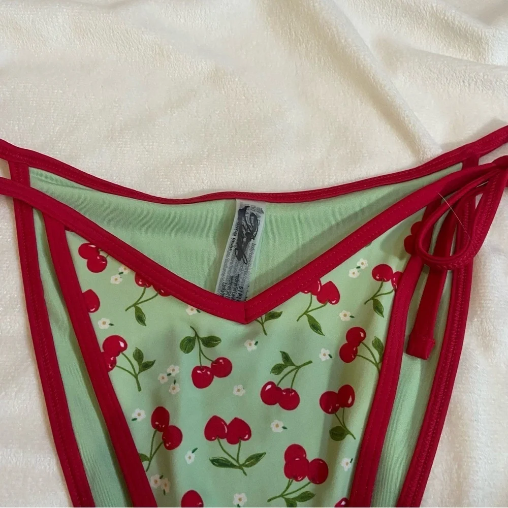 New! Frankie’s Bikinis x Pink Cherry Print Bikini Bottom green 1544